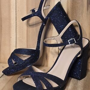 I MILLER Navy Blue Glitter Glam Chic Platform Block Heels Womens 10 M Sabeen NIB